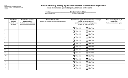 Document preview: Form 6-55 Roster for Early Voting by Mail for Address Confidential Applicants - Texas (English/Spanish)