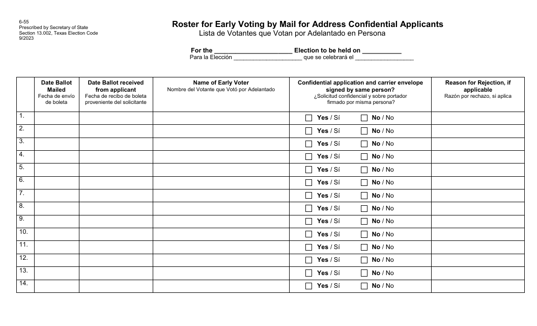 Form 6-55 Roster for Early Voting by Mail for Address Confidential Applicants - Texas (English/Spanish)