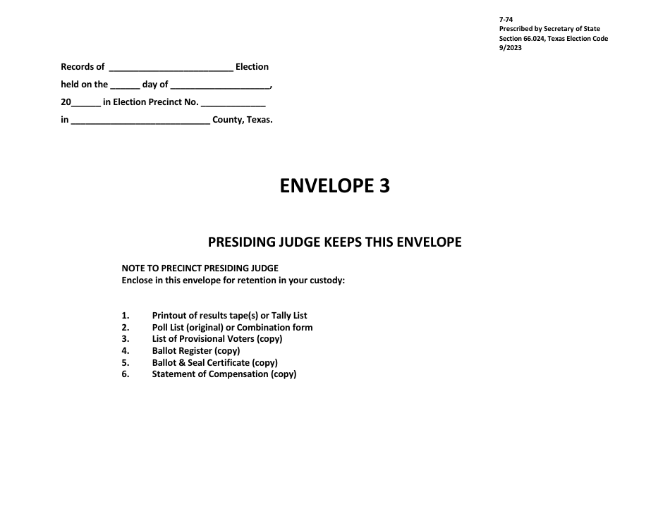 Form 7-74 Envelope No. 3 - Texas, Page 1