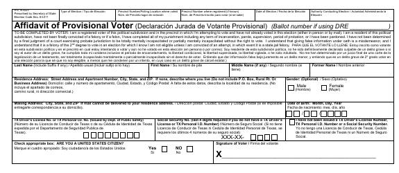 Form 9-5 Affidavit of Provisional Voter - Texas (English/Spanish)