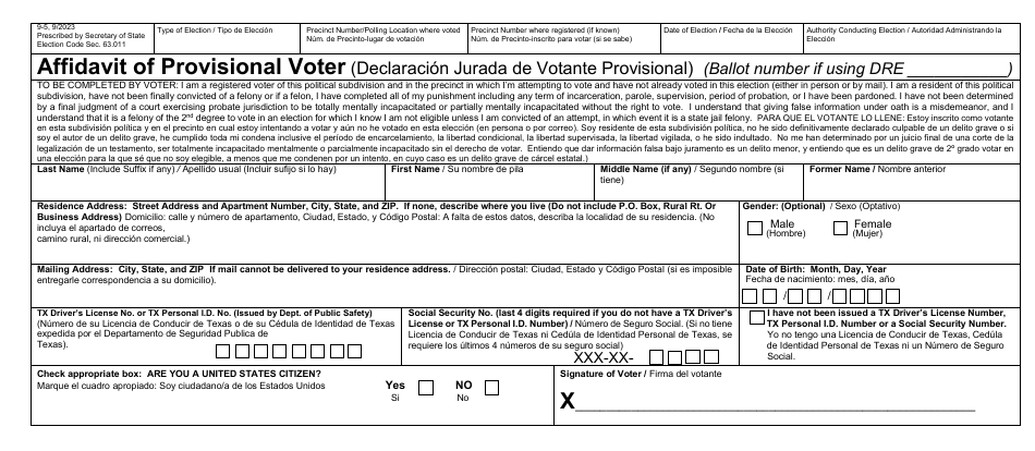 Form 9-5 Affidavit of Provisional Voter - Texas (English / Spanish), Page 1