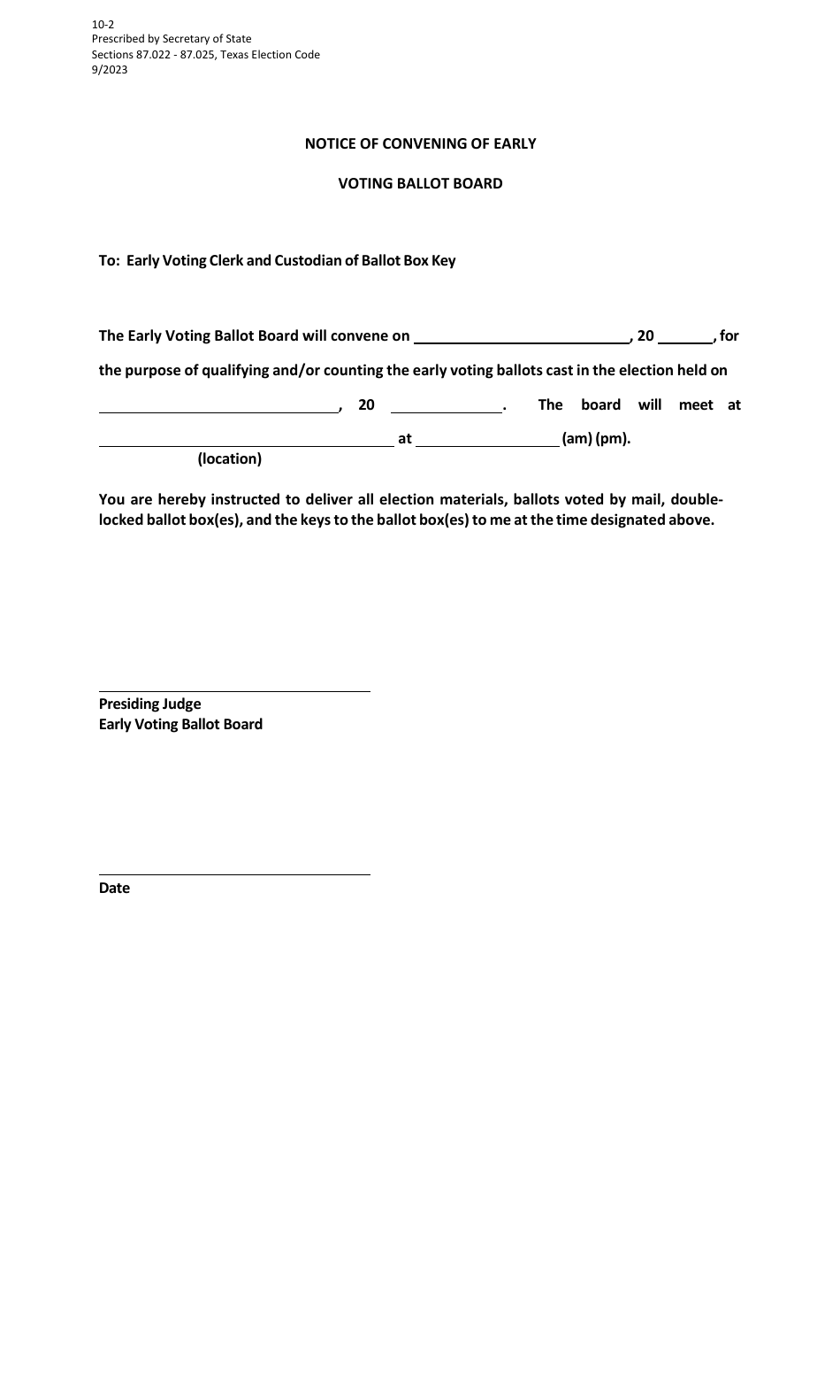 Form 10-2 Notice of Convening of Early Voting Ballot Board - Texas, Page 1