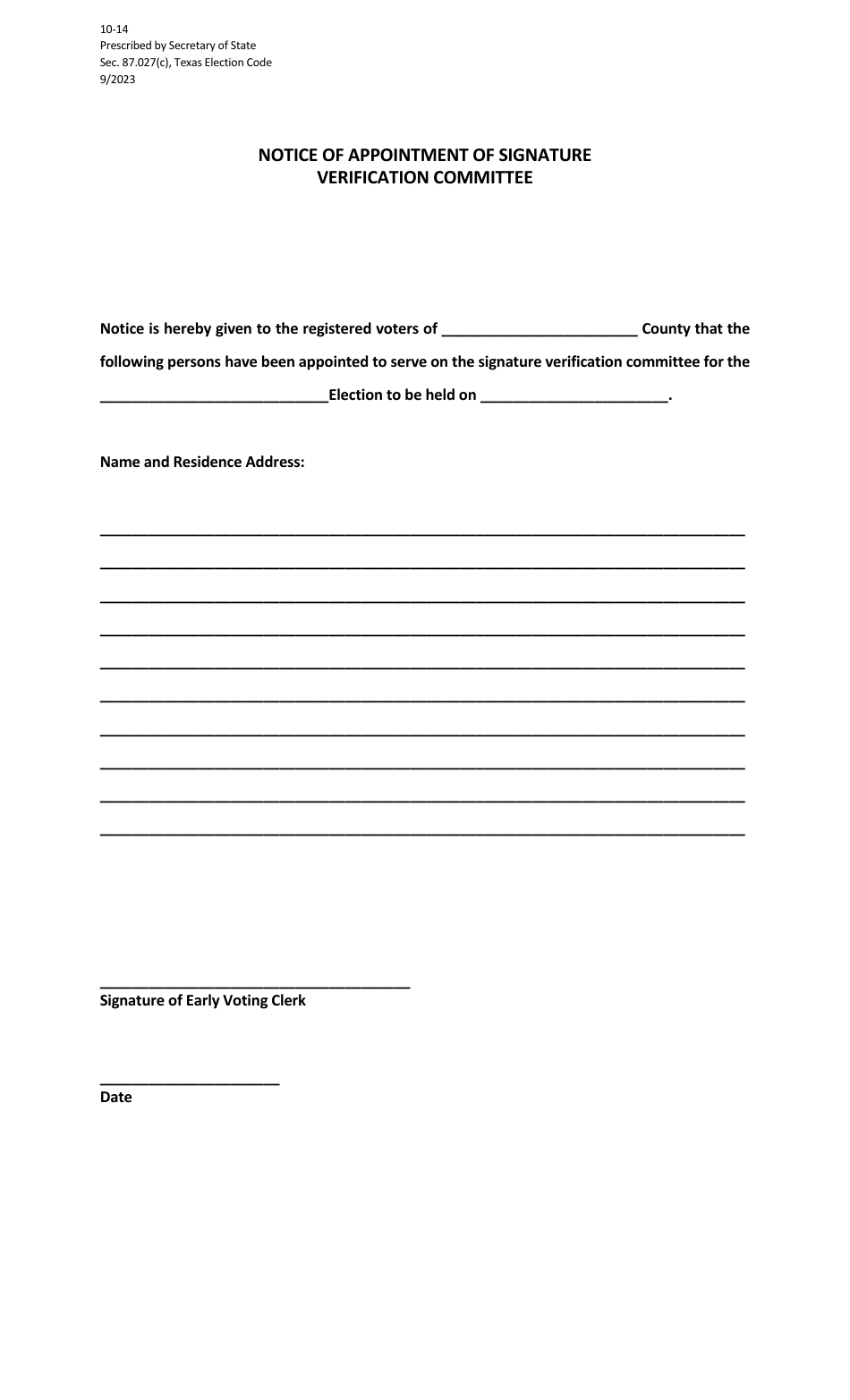 Form 10-14 Notice of Appointment of Signature Verification Committee - Texas (English / Spanish), Page 1
