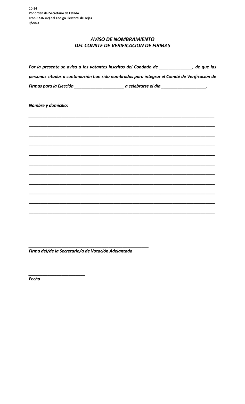 Form 10-14 Notice of Appointment of Signature Verification Committee - Texas (English / Spanish), Page 2