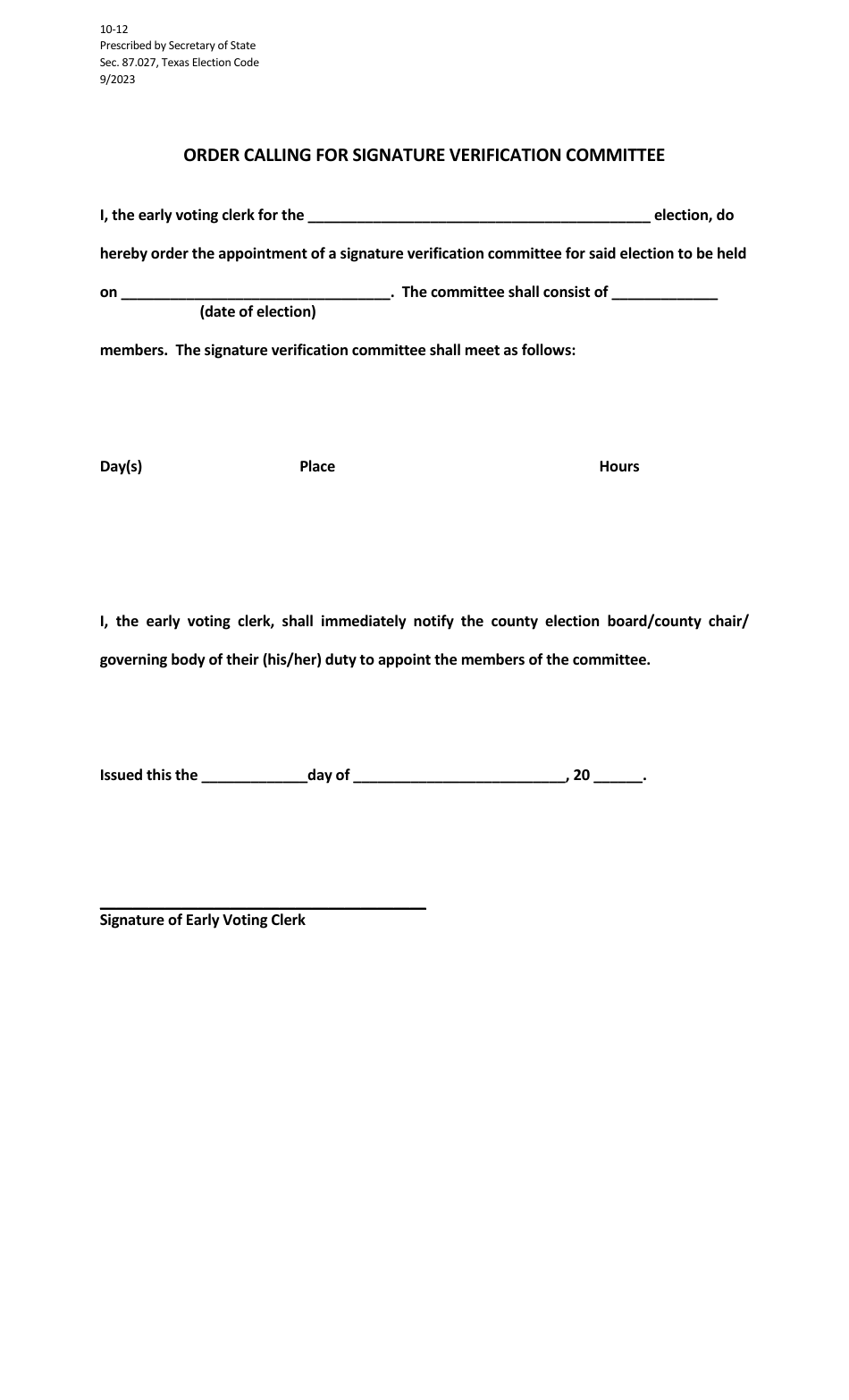 Form 10-12 Order Calling for Signature Verification Committee - Texas, Page 1