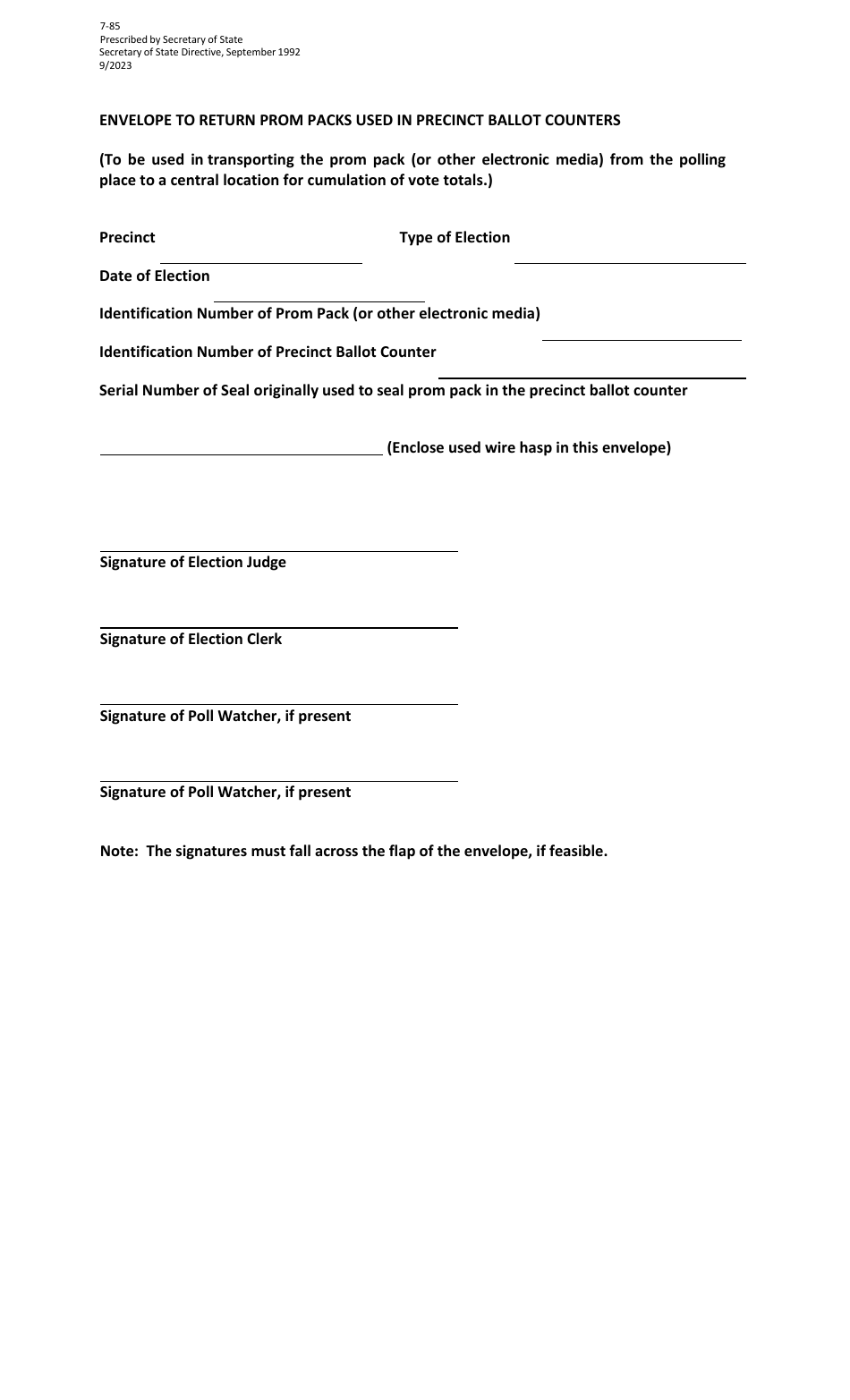 Form 7-85 Envelope to Return Prom Packs Used in Precinct Ballot Counters - Texas, Page 1