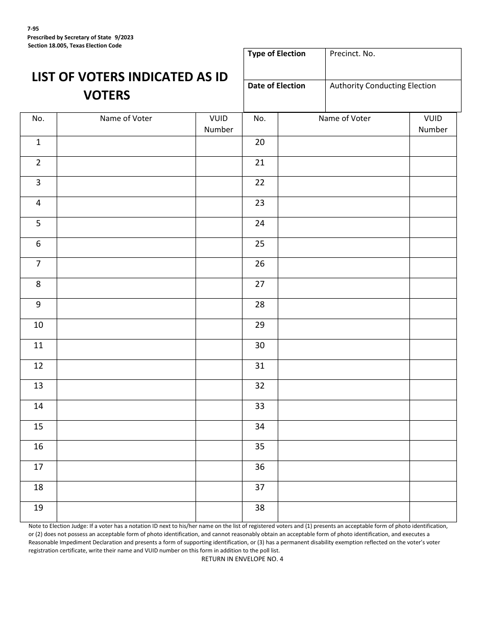 Form 7-95 List of Voters Indicated as Id Voters - Texas, Page 1