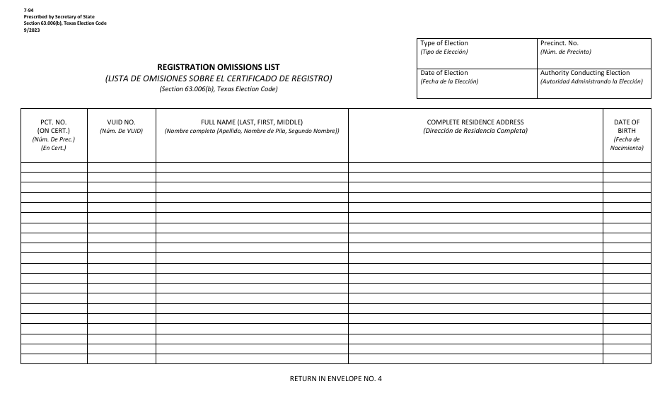 Form 7-94 Registration Omissions List - Texas (English / Spanish), Page 1