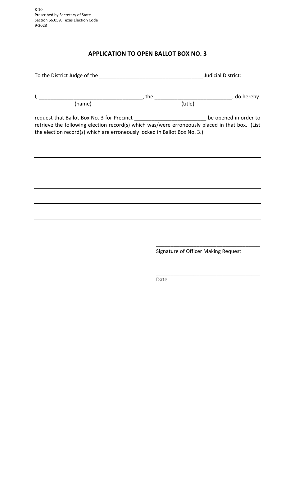 Form 8-10 Application to Open Ballot Box No. 3 - Texas, Page 1