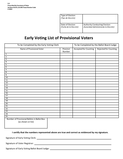 Form 9-3 Early Voting List of Provisional Voters - Texas