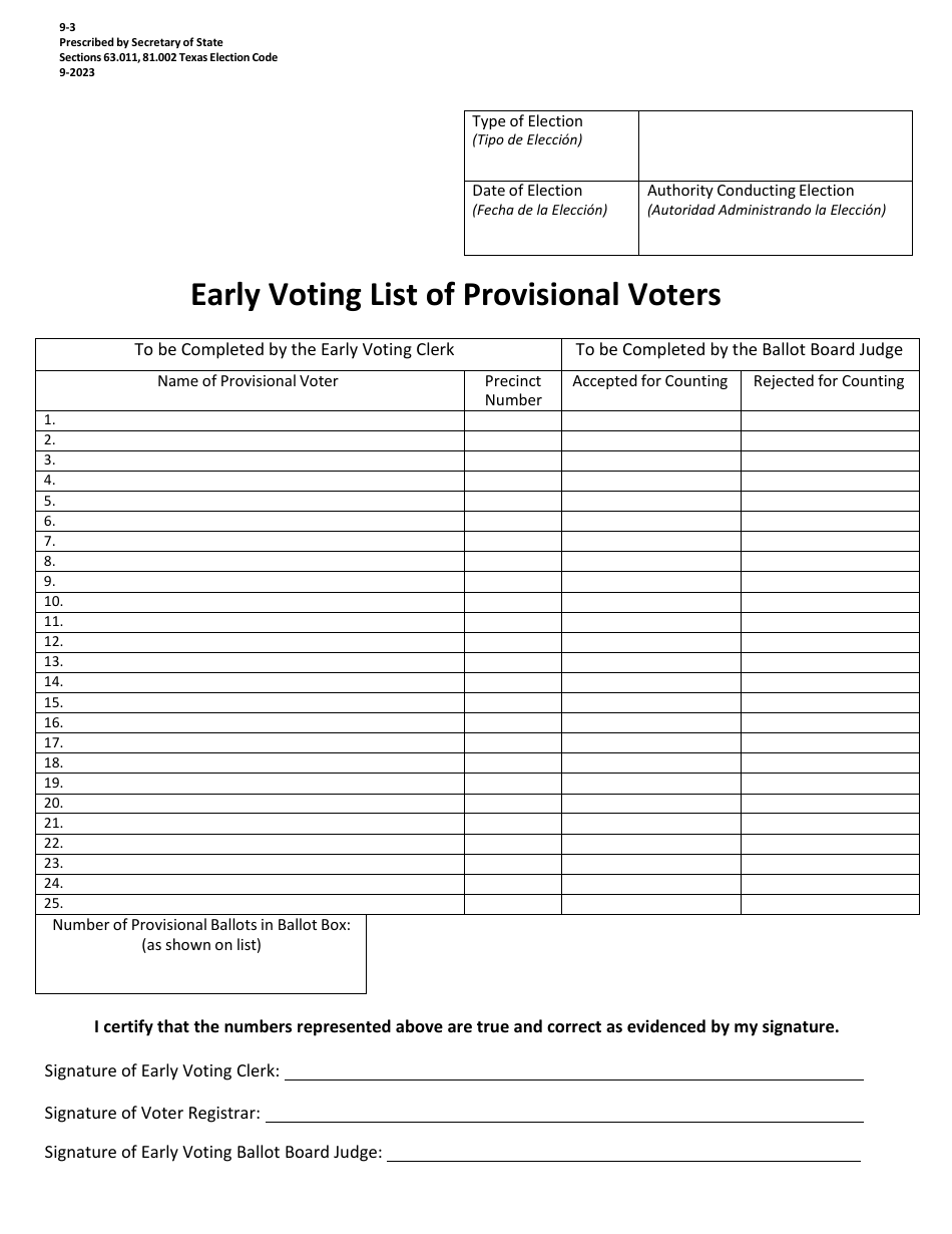 Form 9-3 Early Voting List of Provisional Voters - Texas, Page 1