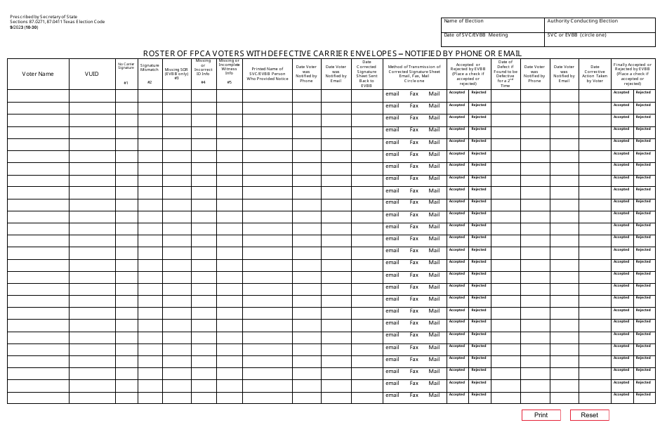 Form 10-30 Roster of Fpca Voters With Defective Carrier Envelopes - Notified by Phone or Email - Texas, Page 1