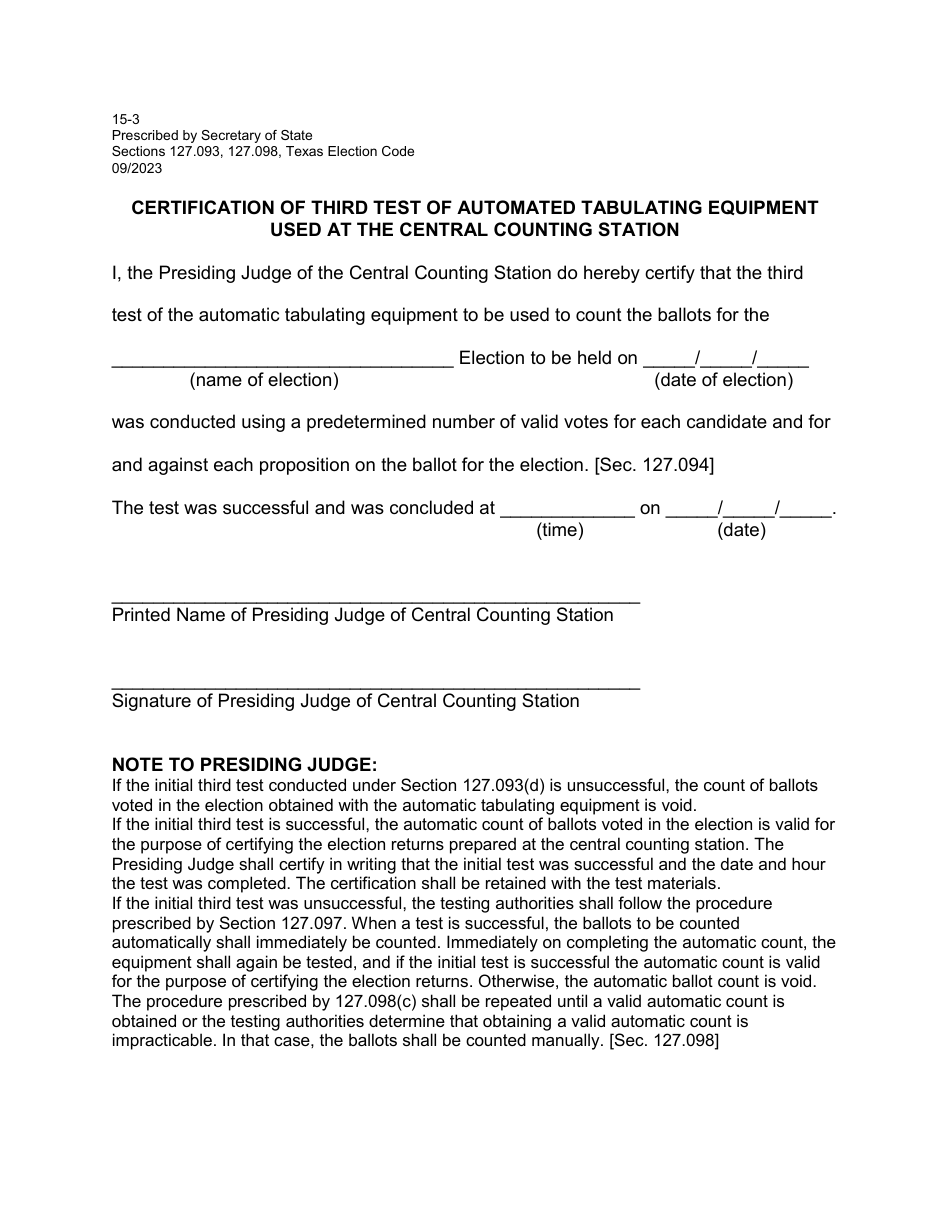 Form 15-3 Certification of Third Test of Automated Tabulating Equipment Used at the Central Counting Station - Texas, Page 1