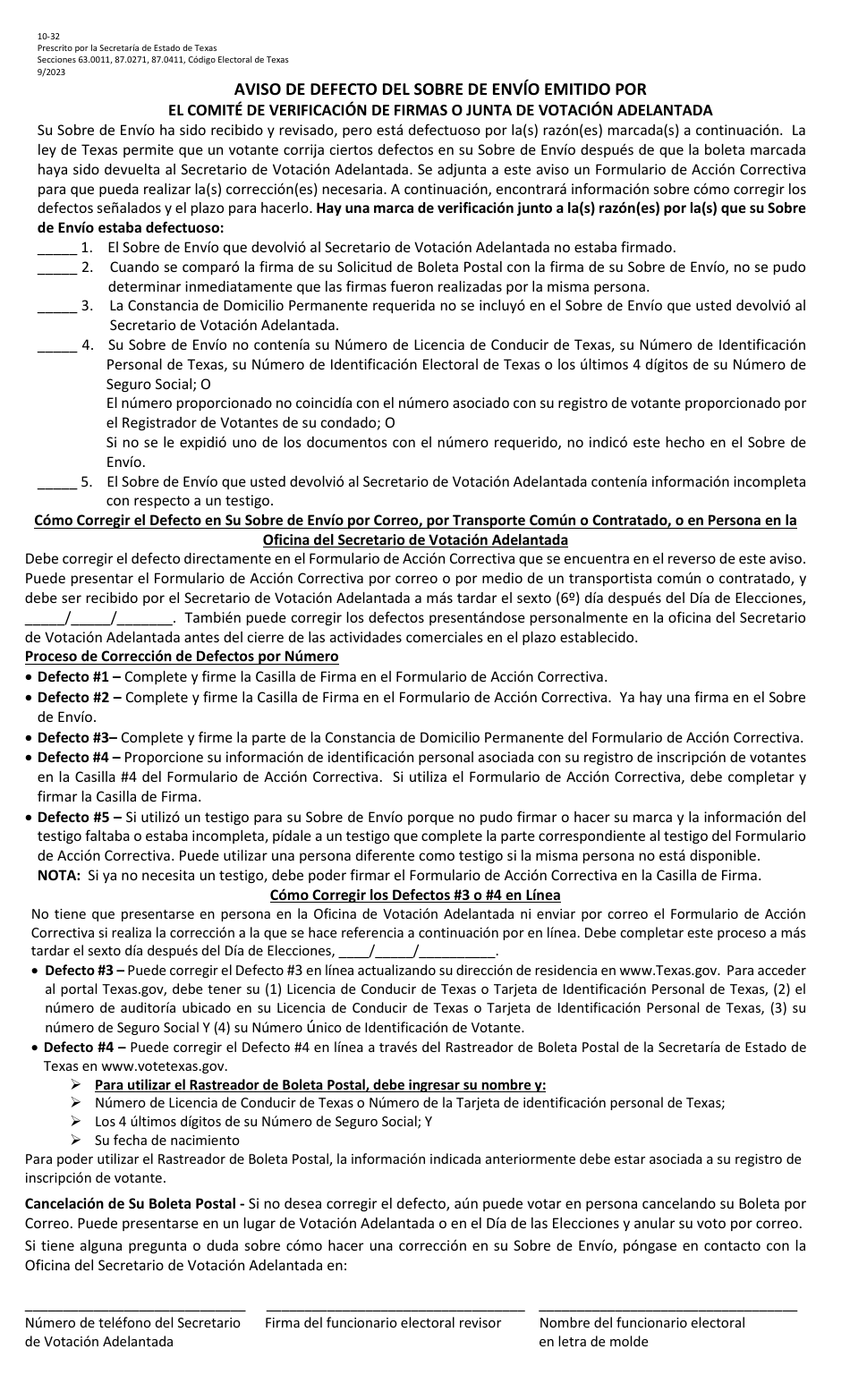 Formulario 10-32 Notice of Defective Carrier Issued by Signature Verification Committee or Early Voting Ballot Board - Texas (Spanish), Page 1