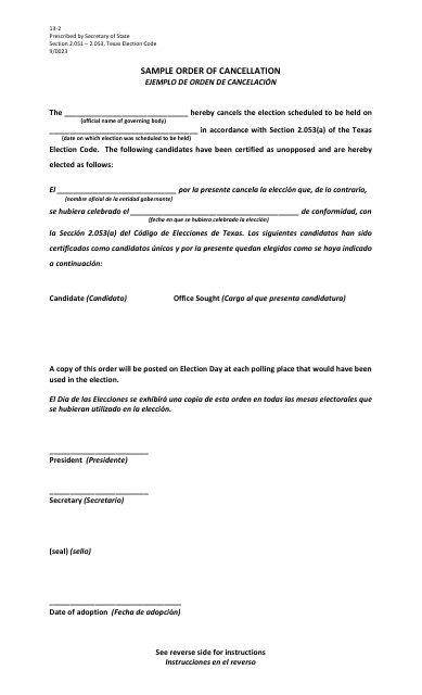 Form 13-2 Sample Order of Cancellation - Texas (English/Spanish)