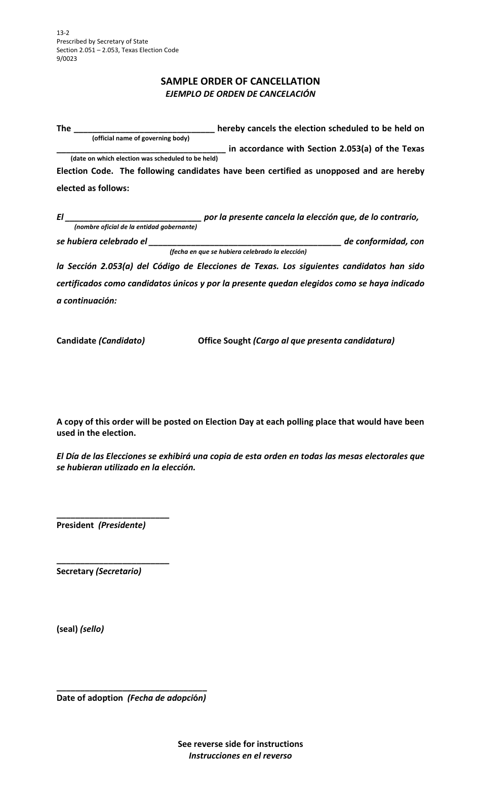 Form 13-2 Sample Order of Cancellation - Texas (English / Spanish), Page 1