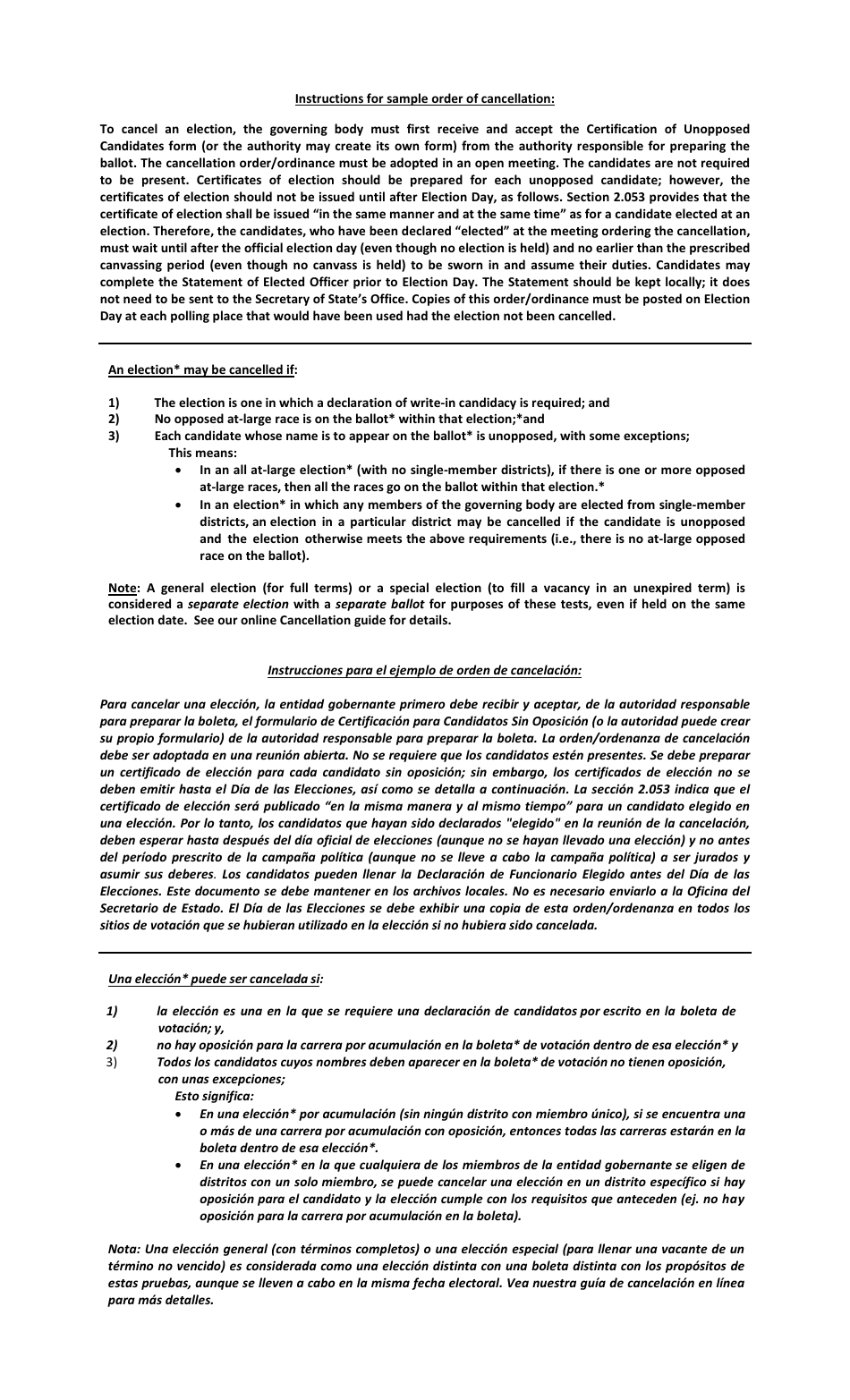 Form 13-2 Sample Order of Cancellation - Texas (English / Spanish), Page 2
