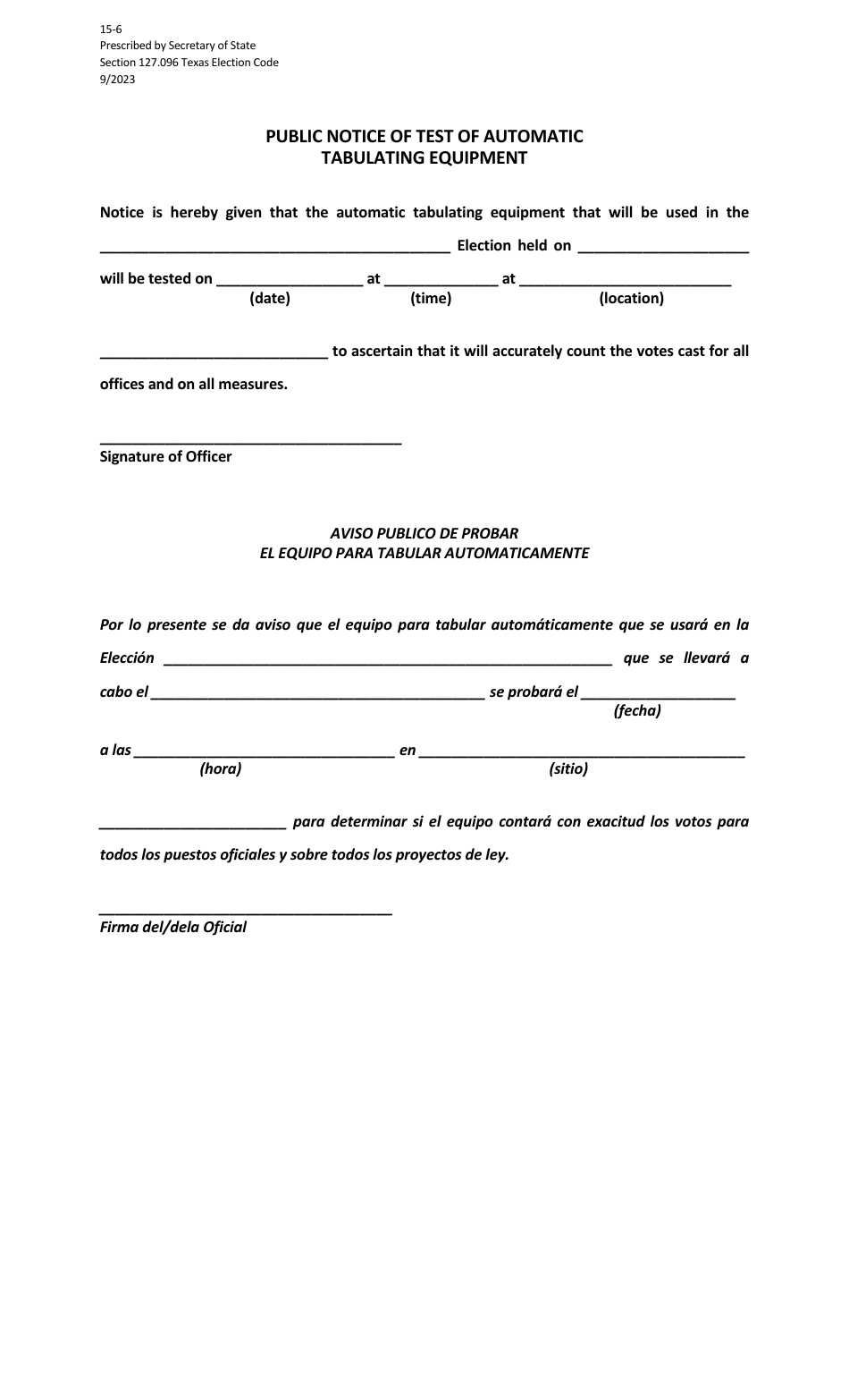 Form 15-6 Public Notice of Test of Automatic Tabulating Equipment - Texas (English / Spanish), Page 1