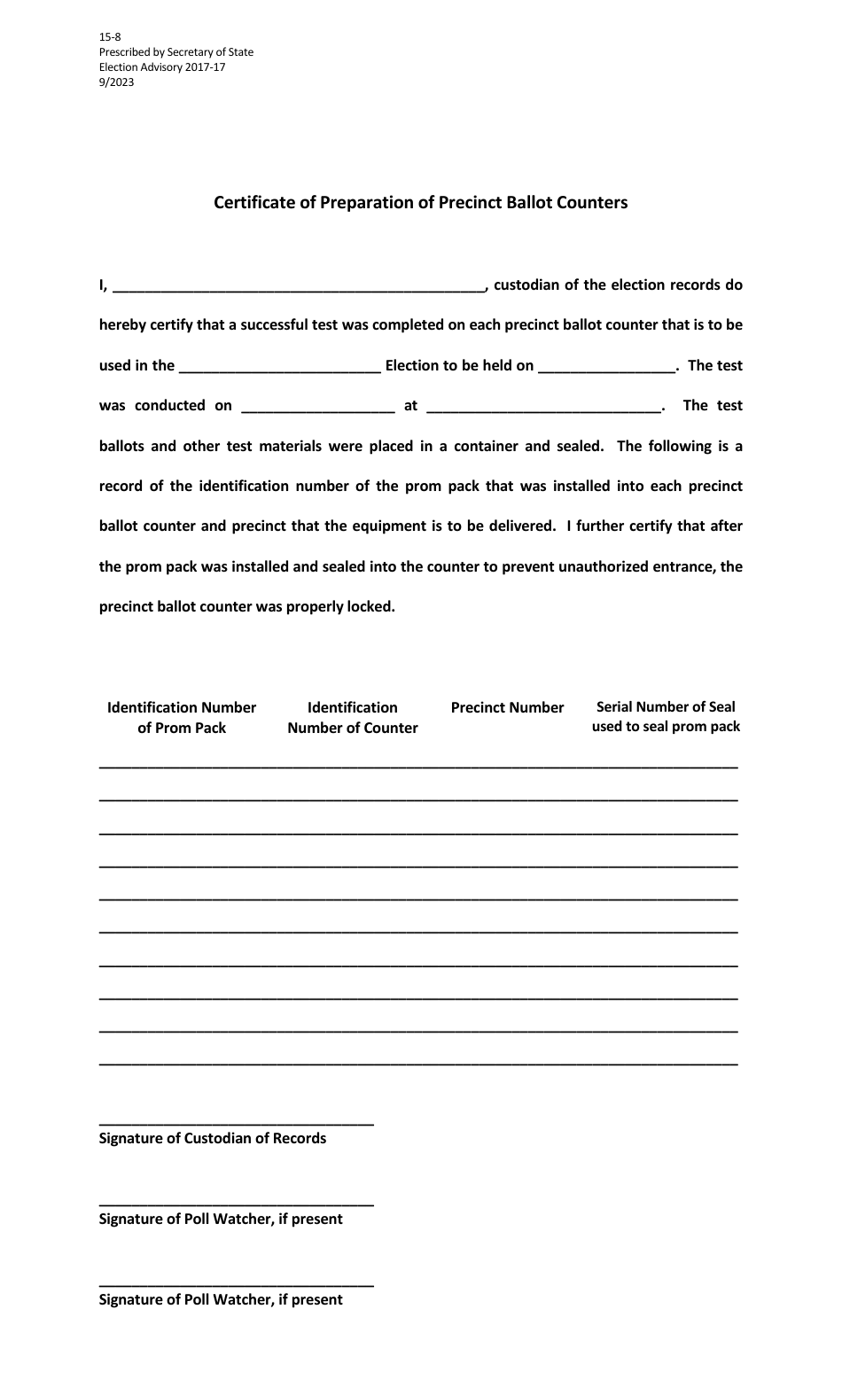 Form 15-8 Certificate of Preparation of Precinct Ballot Counters - Texas, Page 1