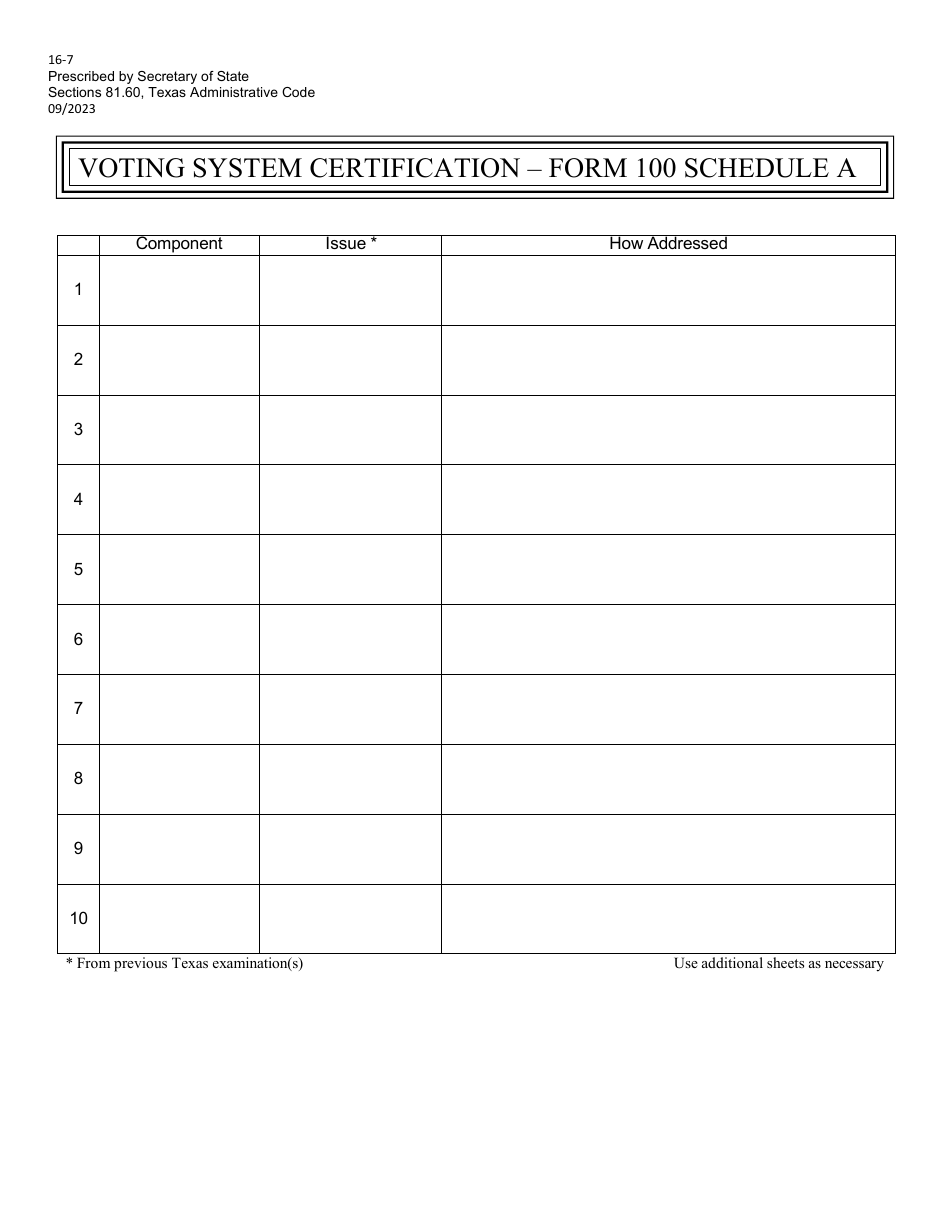 Form 16-7 (100) Schedule A Voting System Certification - Texas, Page 1