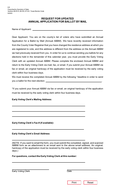 Form 6-8 Request for Updated Annual Application for Ballot by Mail - Texas (English/Spanish)