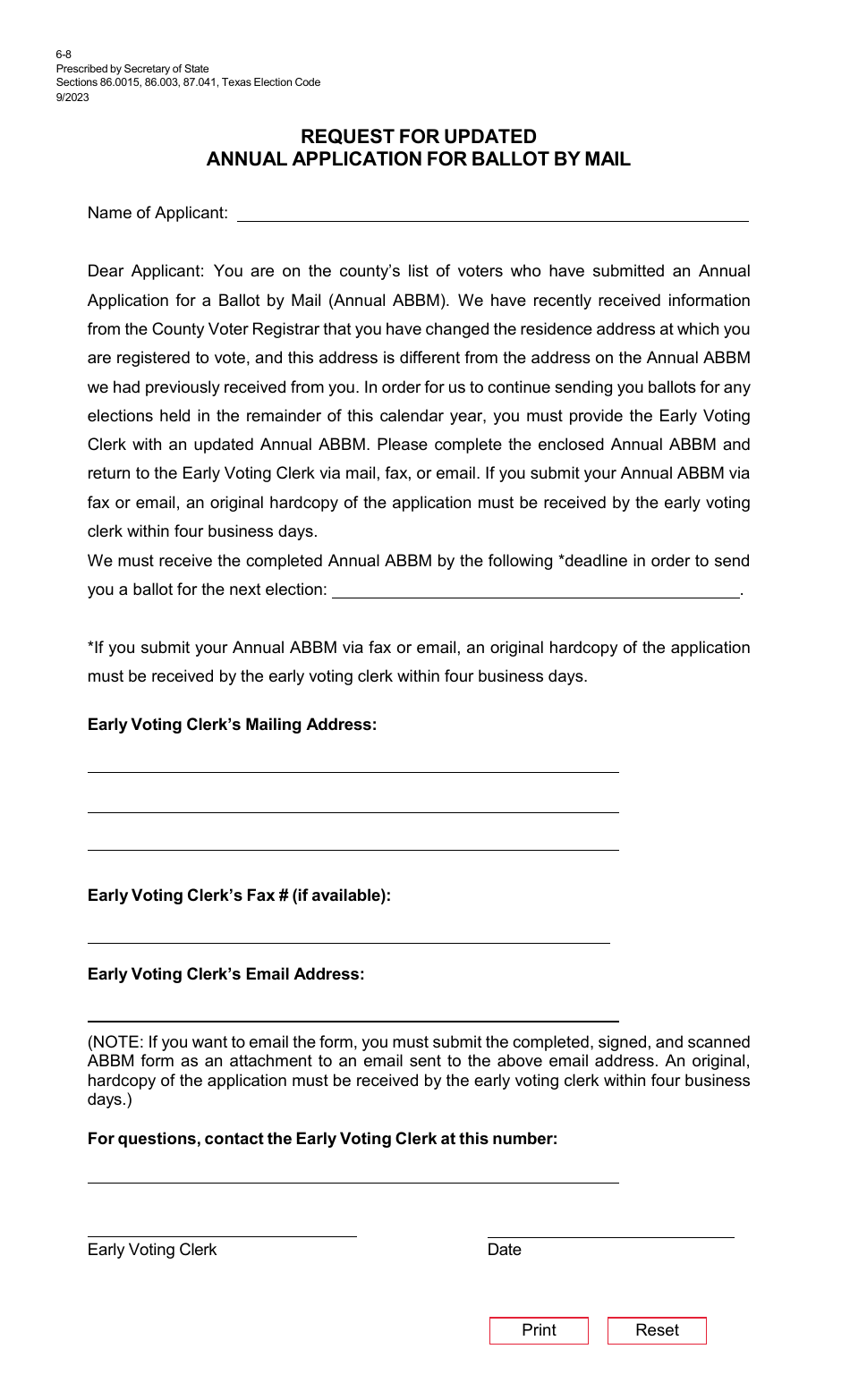 Form 6-8 Request for Updated Annual Application for Ballot by Mail - Texas (English / Spanish), Page 1