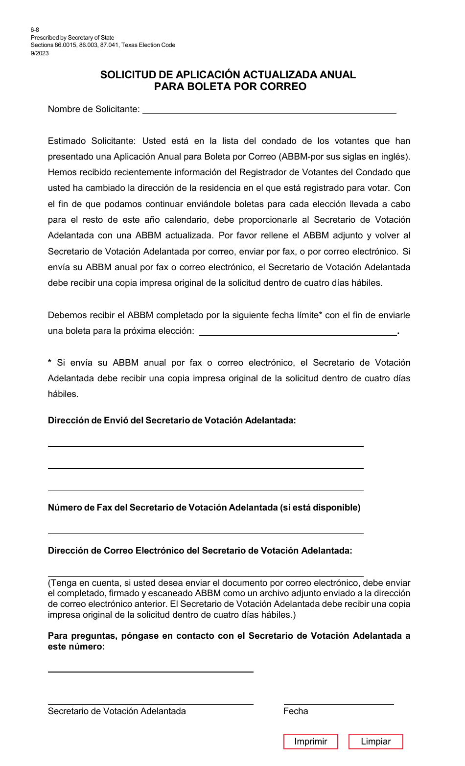 Form 6-8 Request for Updated Annual Application for Ballot by Mail - Texas (English / Spanish), Page 2