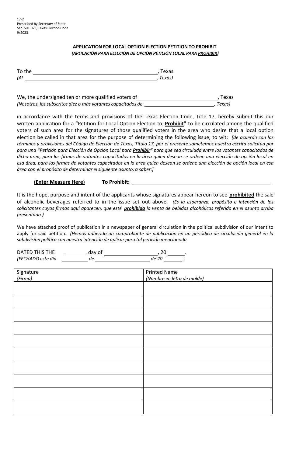 Form 17-2 Application for Local Option Election Petition to Prohibit - Texas (English / Spanish), Page 1