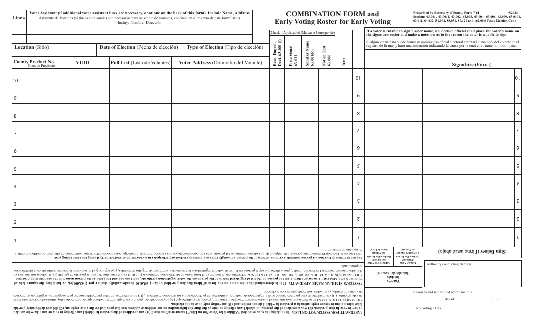 Form 7-61 Combination Form for Early Voting by Personal Appearance ' Application, Poll List, Affidavits - Texas
