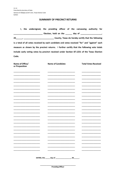 Form 11-13 Summary of Precinct Returns - Texas