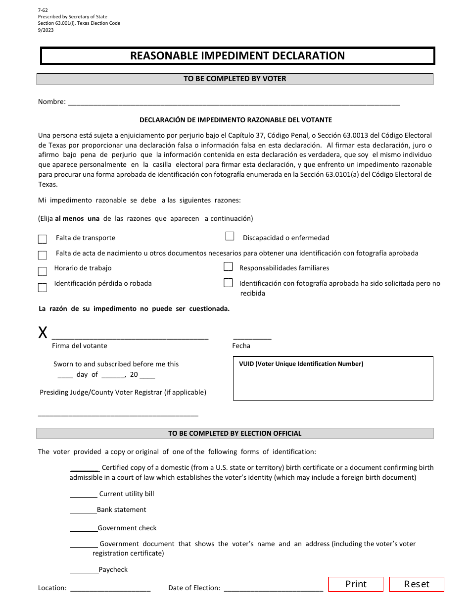 Form 7-62 Reasonable Impediment Declaration - Texas (English / Spanish), Page 2