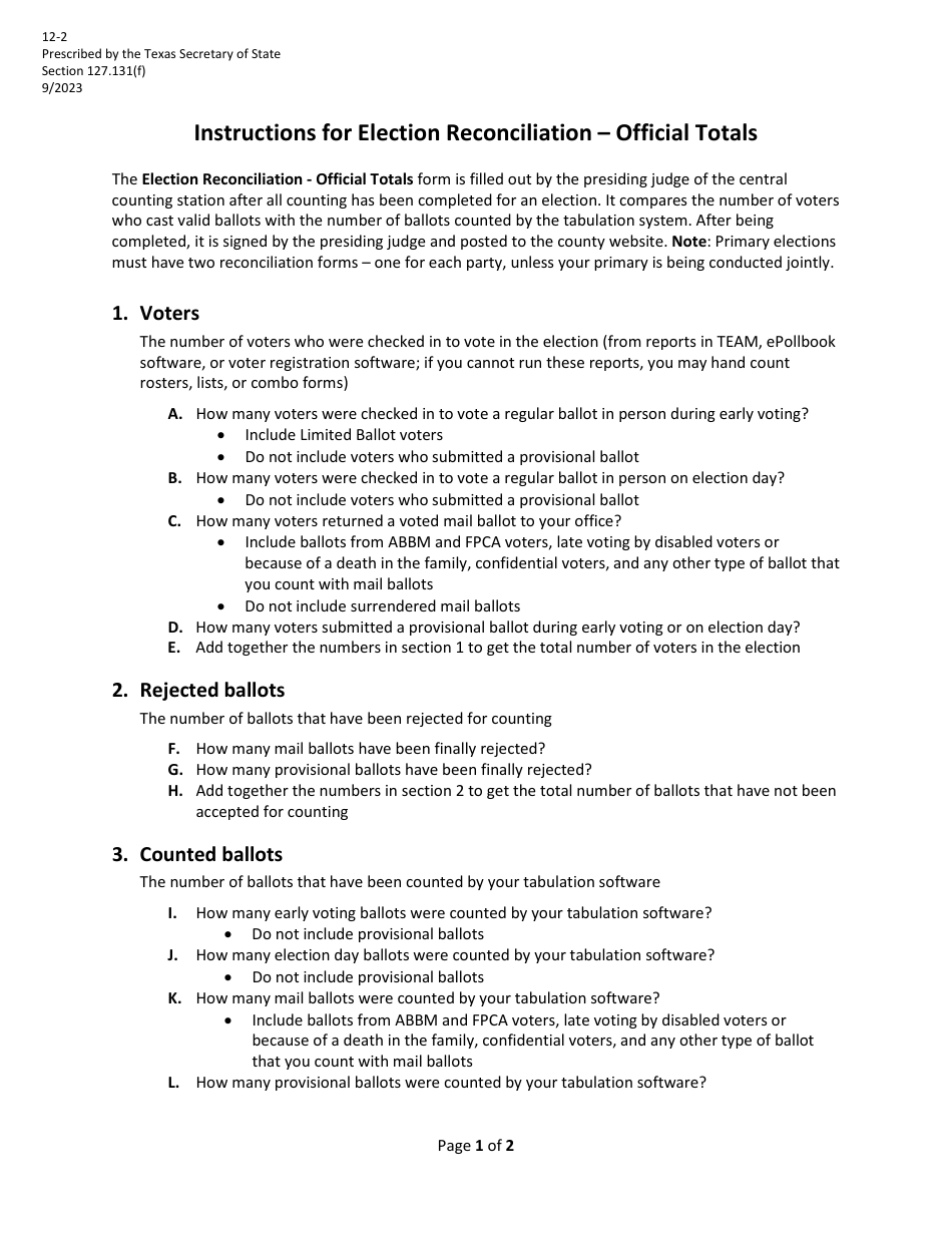 Instructions for Form 12-2 Election Reconciliation - Official Totals (Canvass Form) - Texas, Page 1