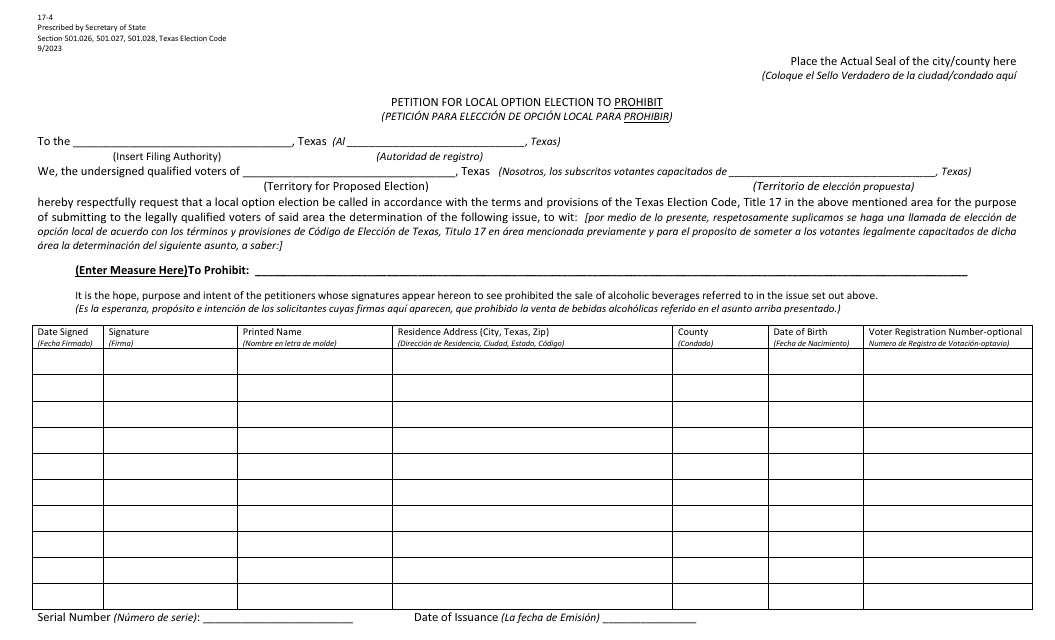 Form 17-4 Petition for Local Option Election to Prohibit - Texas (English/Spanish)
