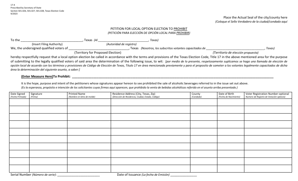 Form 17-4 Petition for Local Option Election to Prohibit - Texas (English / Spanish), Page 1
