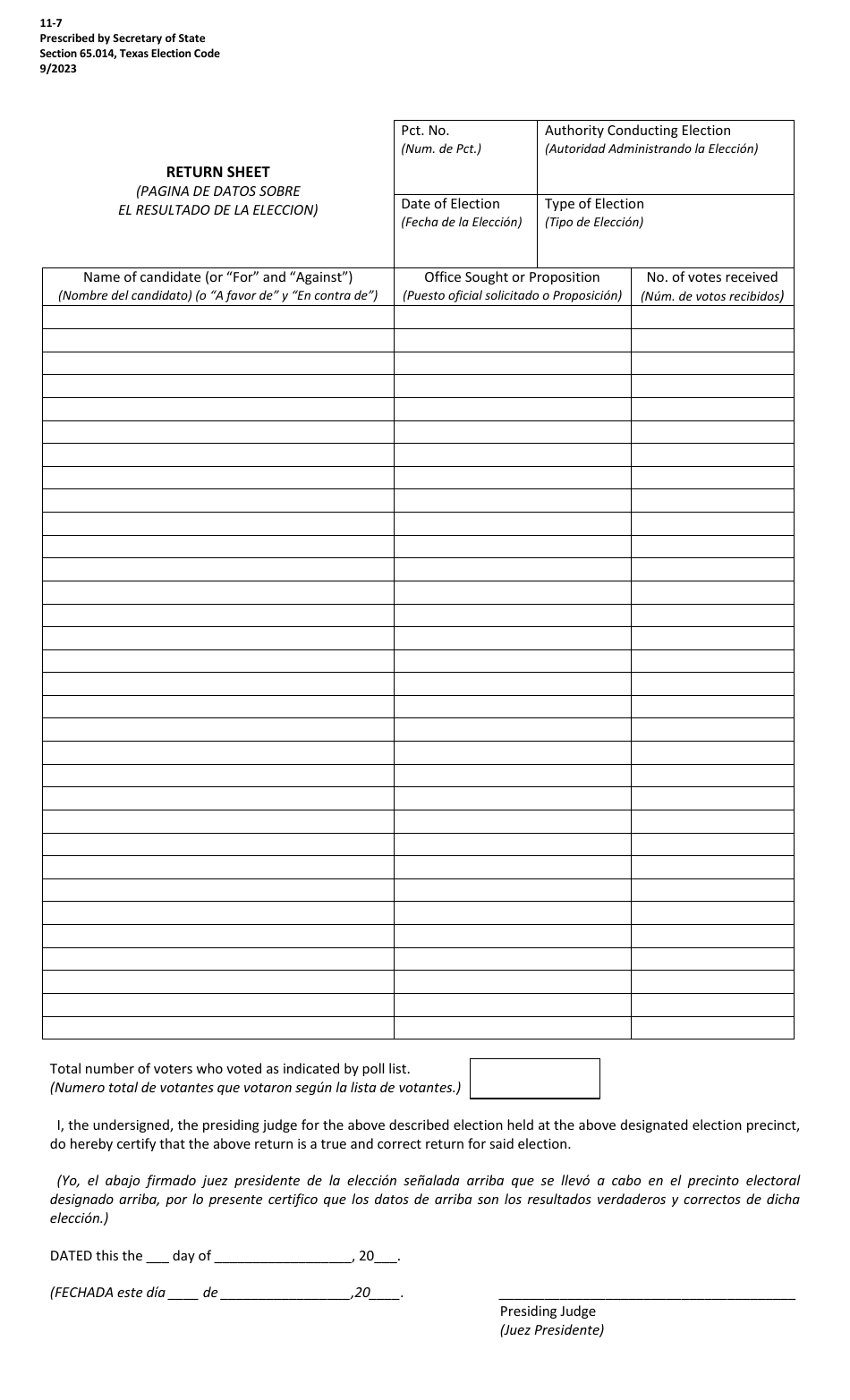 Form 11-7 Return Sheet - Texas (English / Spanish), Page 1