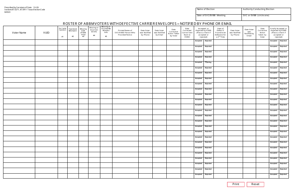 Form 10-29 Roster of Abbm Voters With Defective Carrier Envelopes - Notified by Phone or Email - Texas, Page 1
