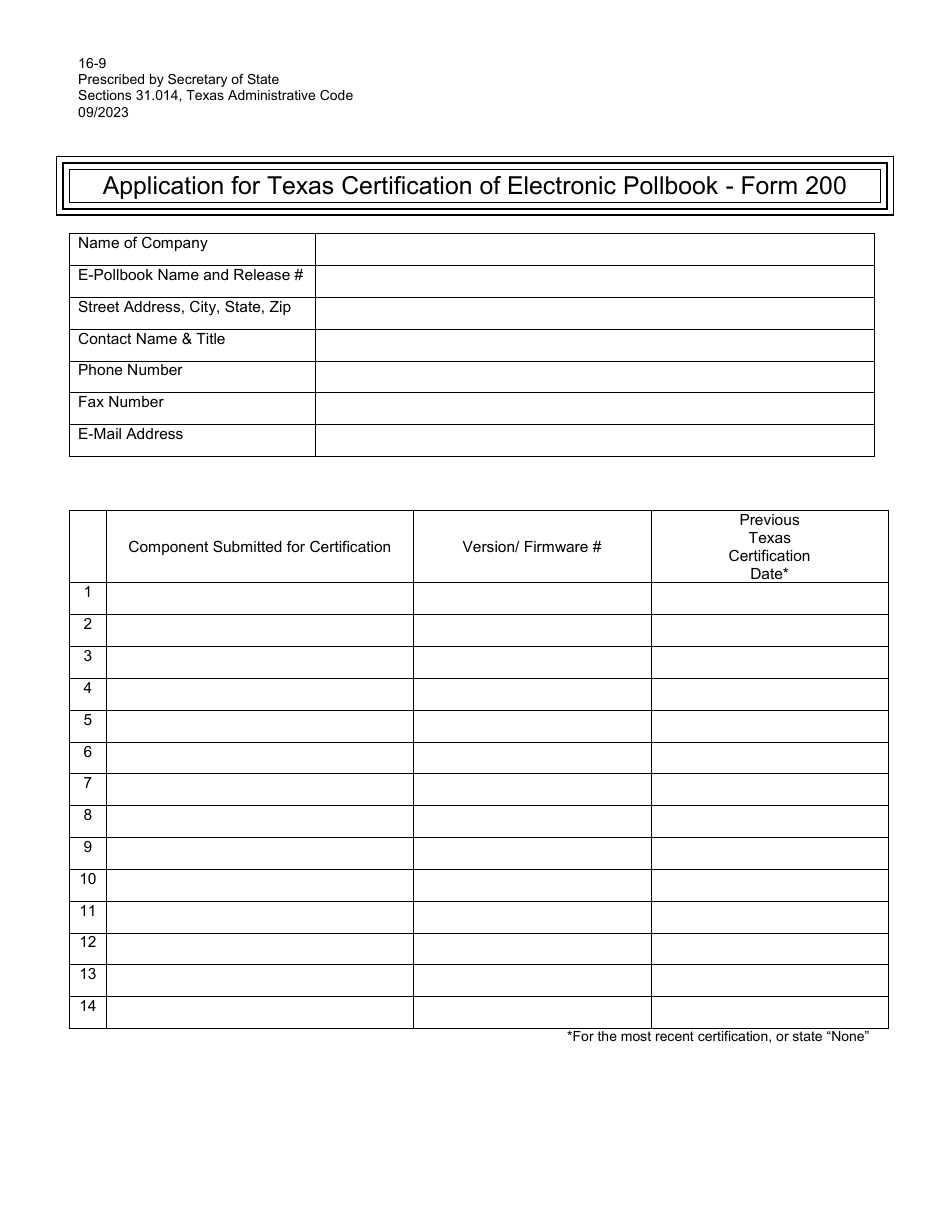 Form 200 (16-9) Application for Texas Certification of Electronic Pollbook - Texas, Page 1
