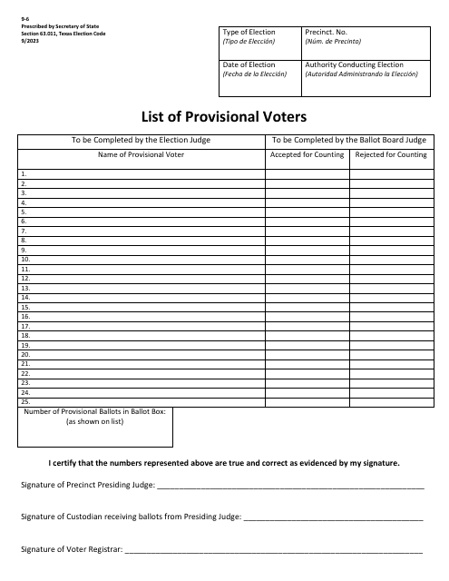 Form 9-6 List of Provisional Voters - Texas