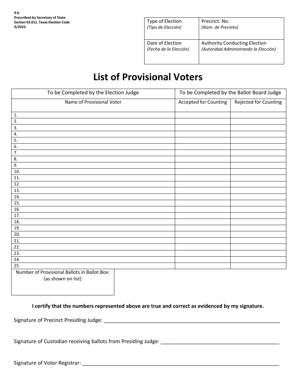 Form 9-6 List of Provisional Voters - Texas, Page 1