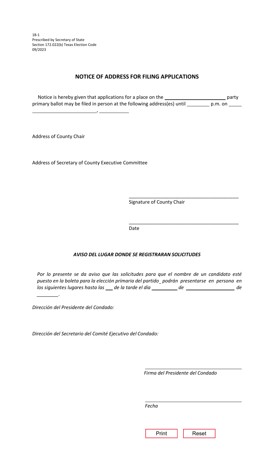Form 18-1 Notice of Address for Filing Applications - Texas (English / Spanish), Page 1