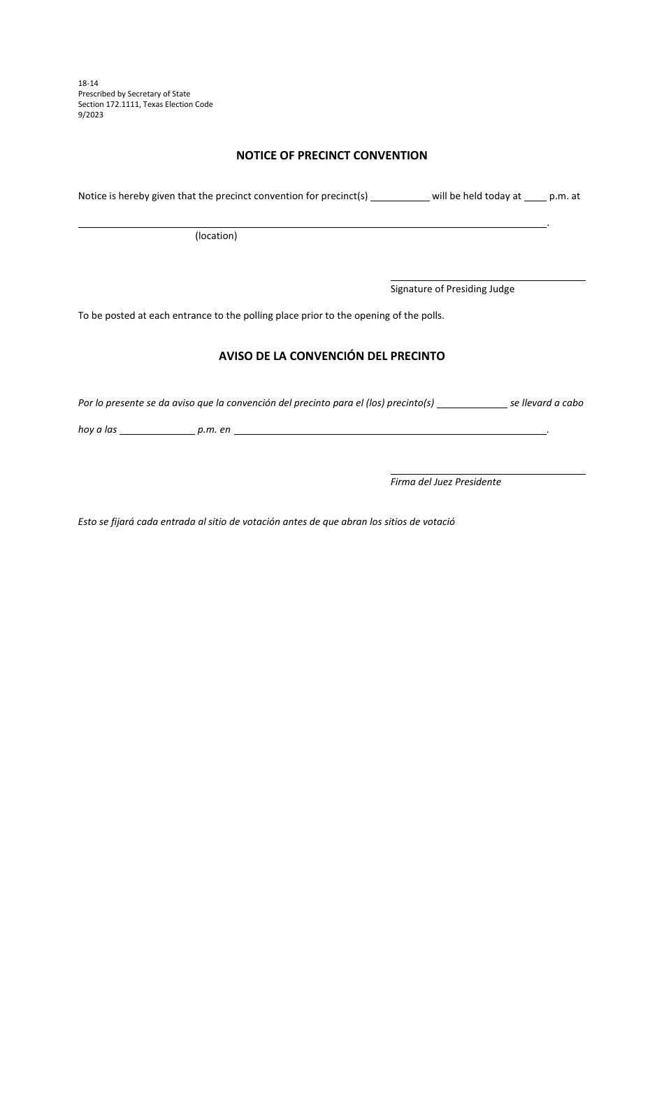 Form 18-14 Notice of Precinct Convention - Texas (English / Spanish), Page 1