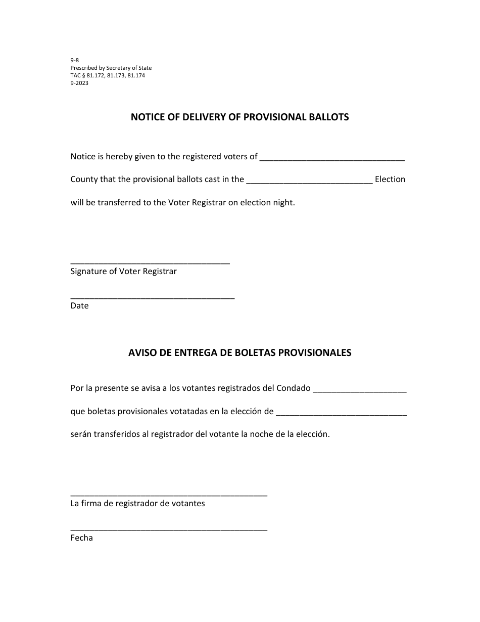 Form 9-8 Notice of Delivery of Provisional Ballots - Texas (English / Spanish), Page 1