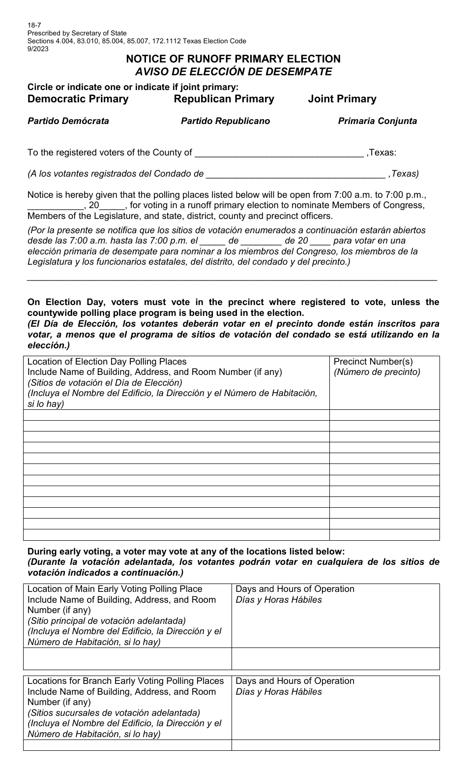 Form 18-7 Notice of Runoff Primary Election - Texas (English / Spanish), Page 1