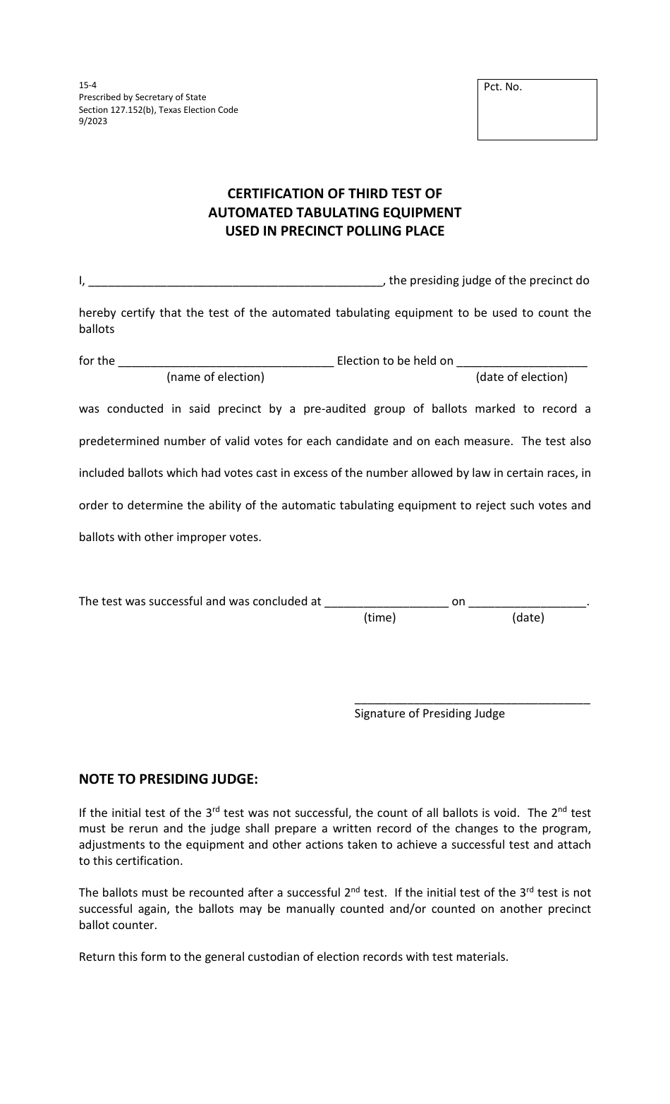 Form 15-4 Certification of Third Test of Automated Tabulating Equipment Used in Precinct Polling Place - Texas, Page 1