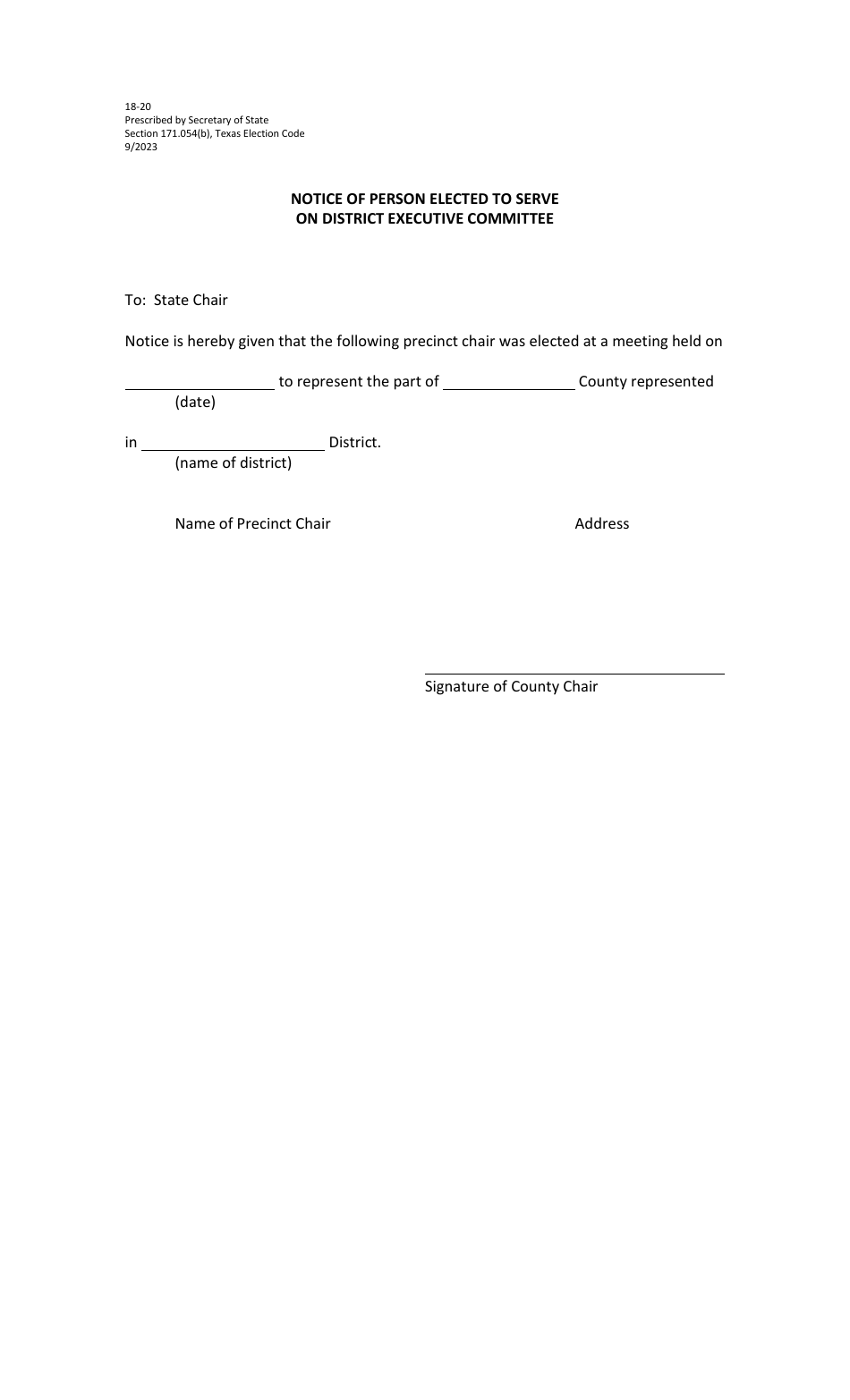 Form 18-20 Notice of Person Elected to Serve on District Executive Committee - Texas, Page 1