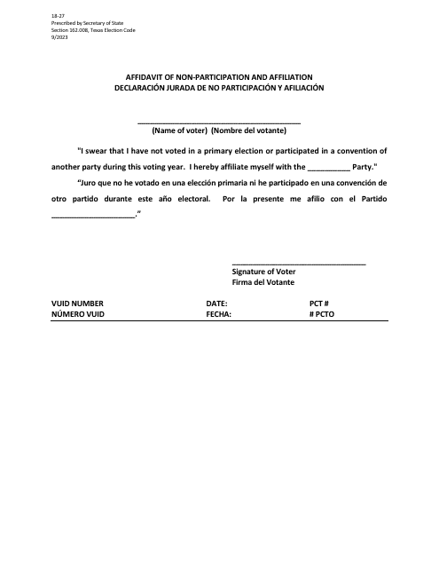 Form 18-27 Affidavit of Non-participation and Affiliation - Texas (English/Spanish)