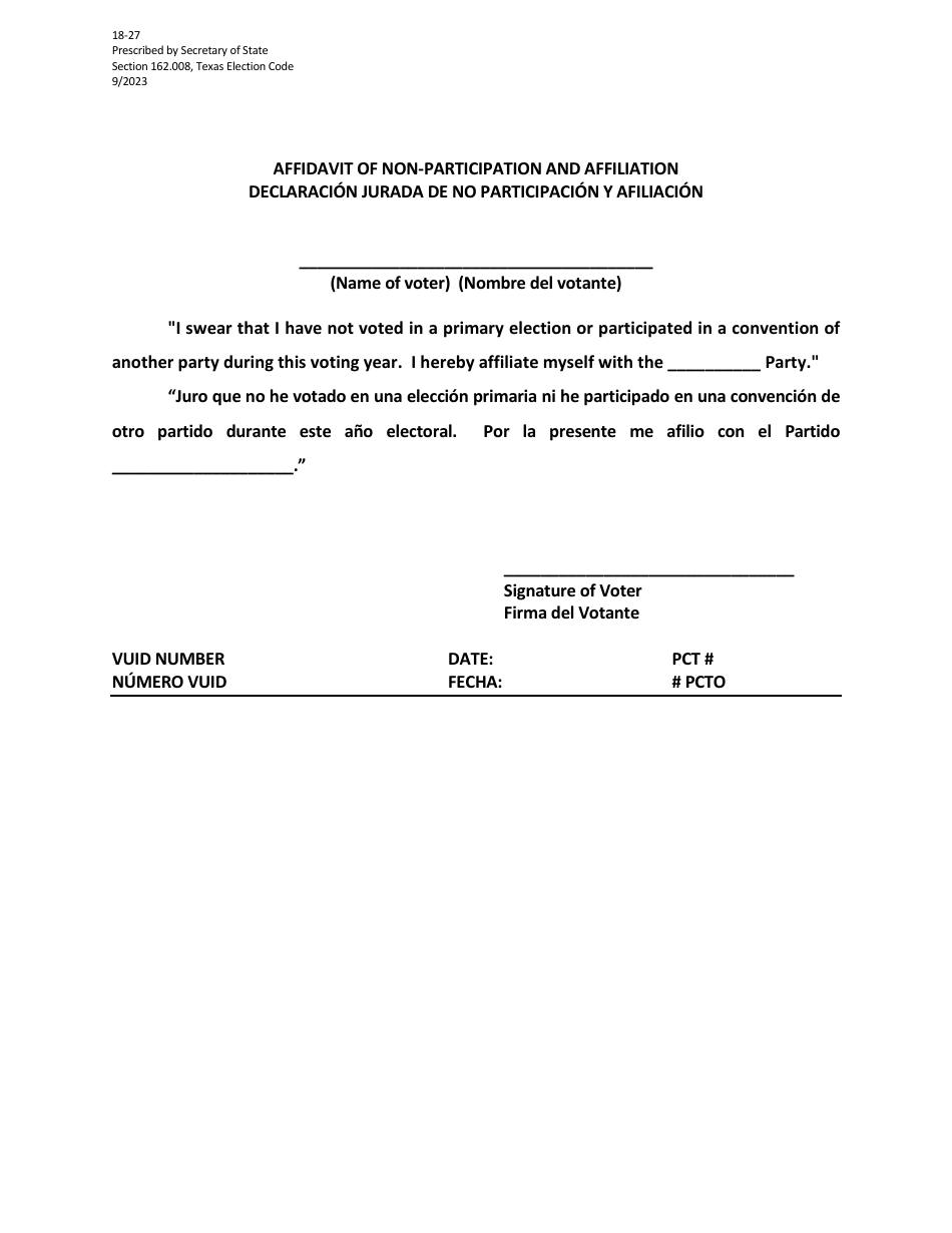 Form 18-27 Affidavit of Non-participation and Affiliation - Texas (English / Spanish), Page 1