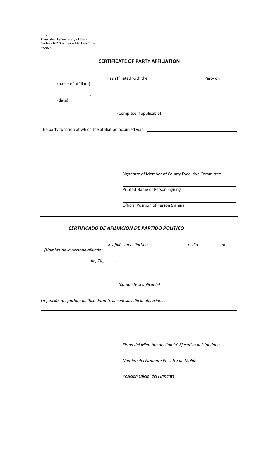 Form 18-29 Certificate of Party Affiliation - Texas (English / Spanish), Page 1