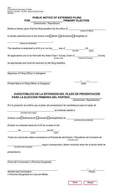 Form 18-2 Public Notice of Extended Filing - Texas (English/Spanish)
