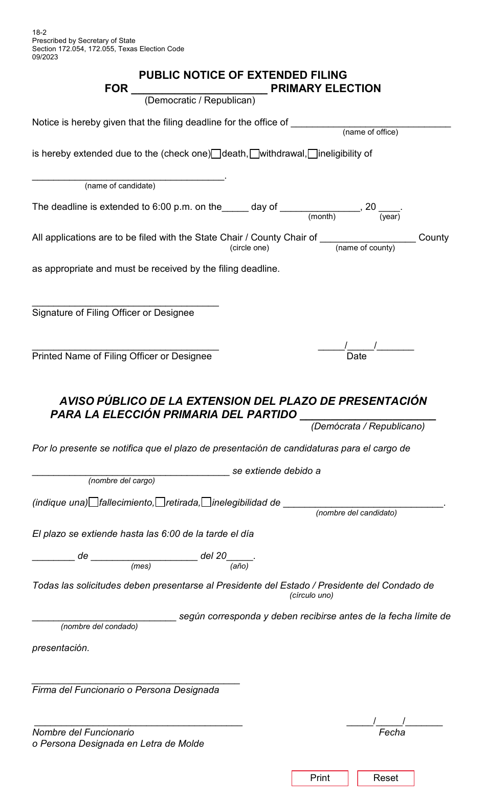 Form 18-2 Public Notice of Extended Filing - Texas (English / Spanish), Page 1